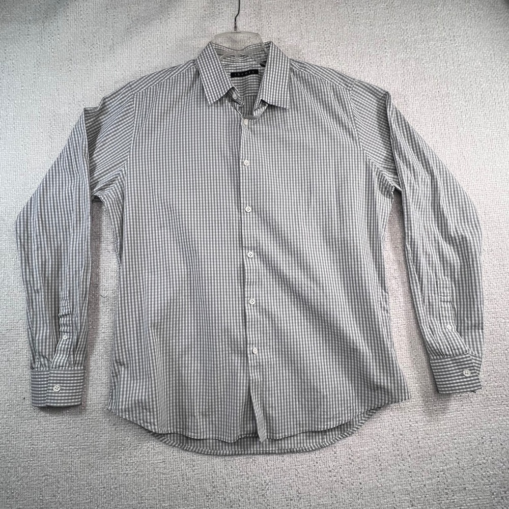 Theory Mens Gingham Check Long Sleeve Button‎ Down Shirt Grey White Tailored Fit